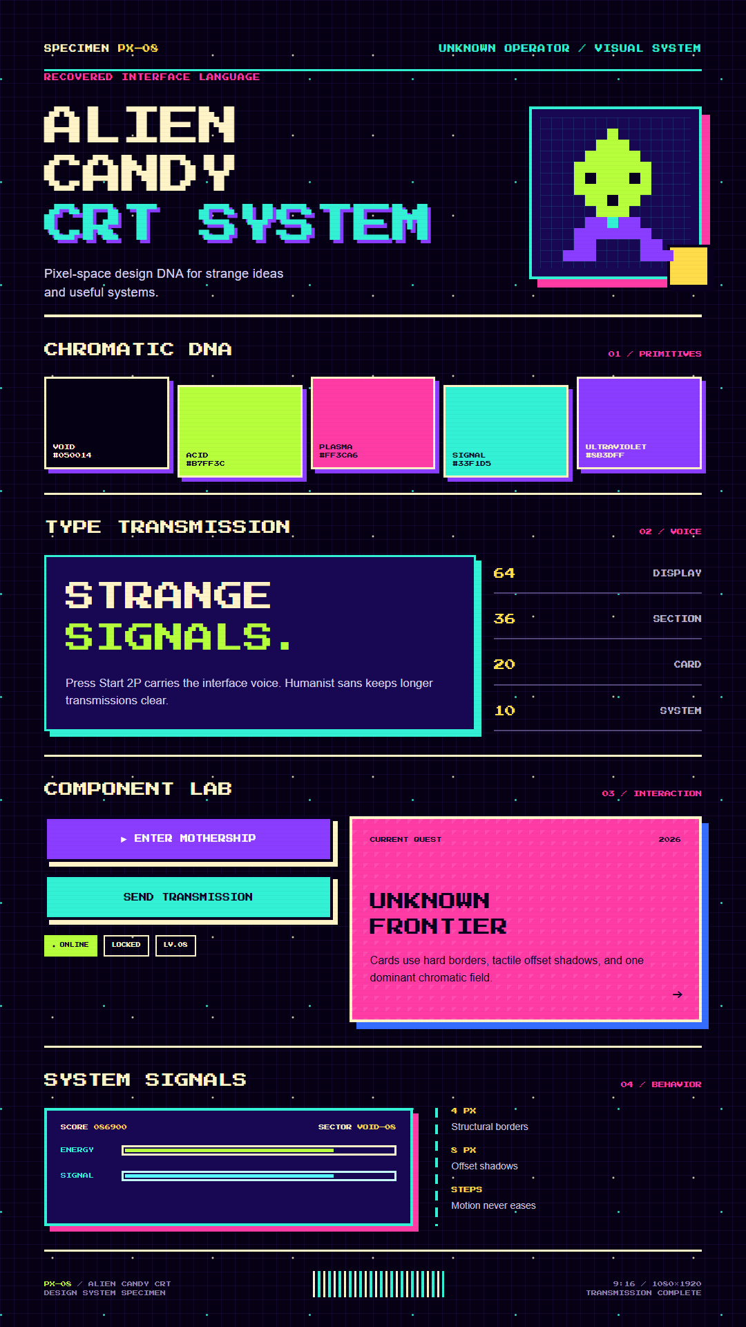 Pixel-space design system showing the alien character, color tokens, typography, components, and interface rules.